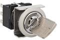 Round metal key switch with two positions, mounted on a black plastic housing. Suitable for security systems.