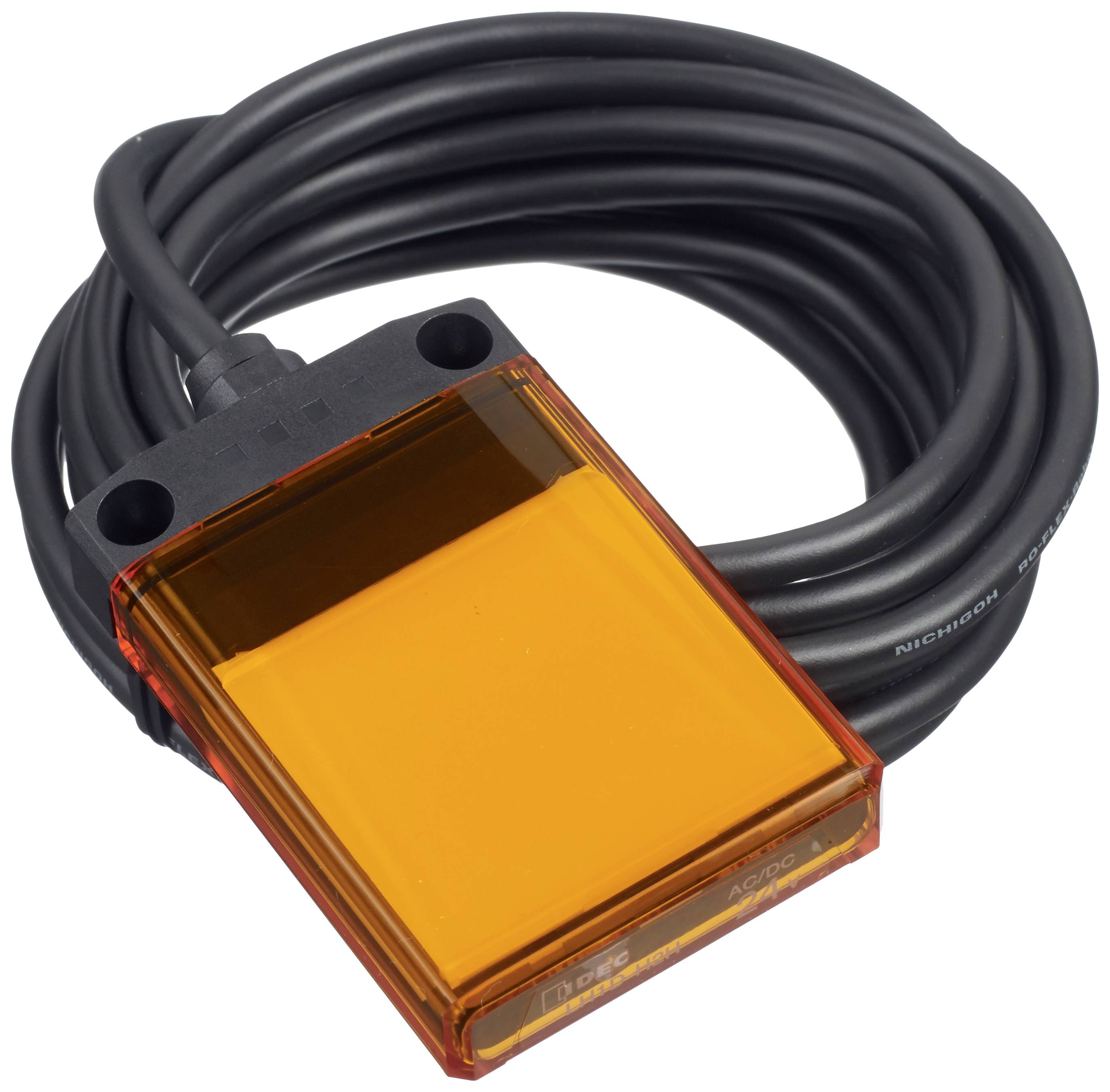 An orange sensor with a black cable, suitable for industrial applications.