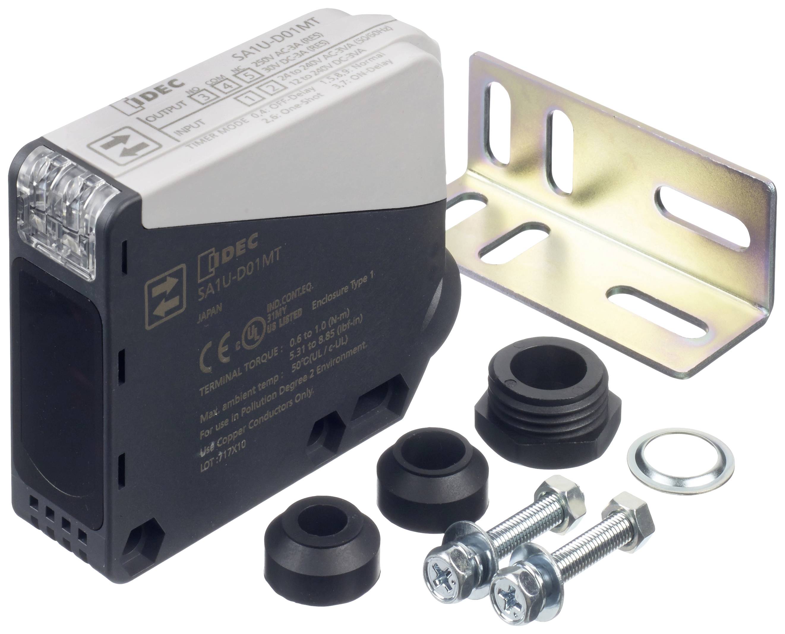 An electrical component (voltage relay) with screws, washers, and mounting bracket.