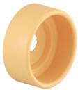 Orange plastic roller, cylindrically shaped with a smooth surface and central hole, used as a component or spare part.