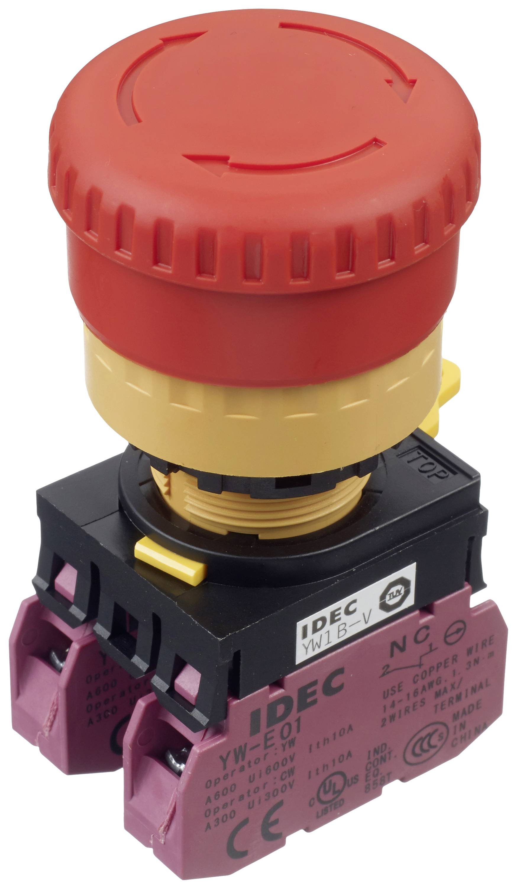 A red emergency stop switch on an industrial control panel, marking a life-saving function for immediate machine shutdown.