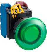 A large, round, green button on an electrical switch, suitable for machine controls.