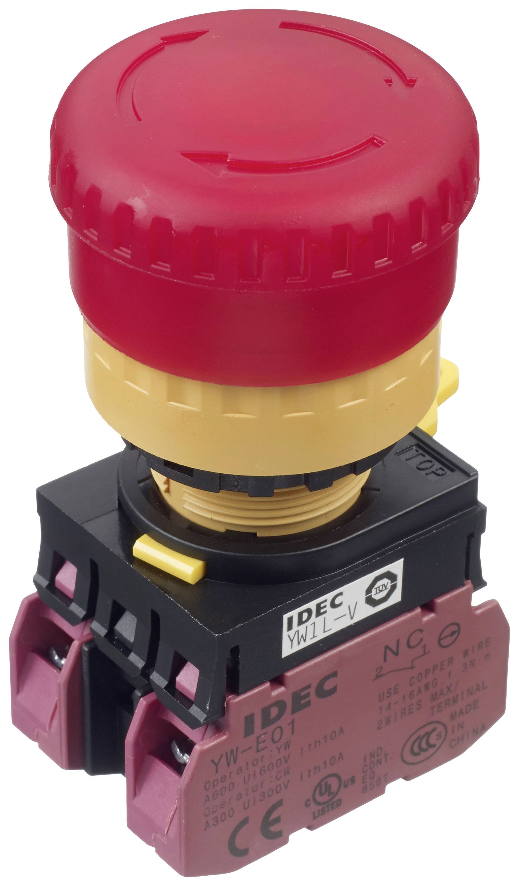 A red emergency stop push button mounted on a yellow base, used for immediately halting machinery in emergency situations.