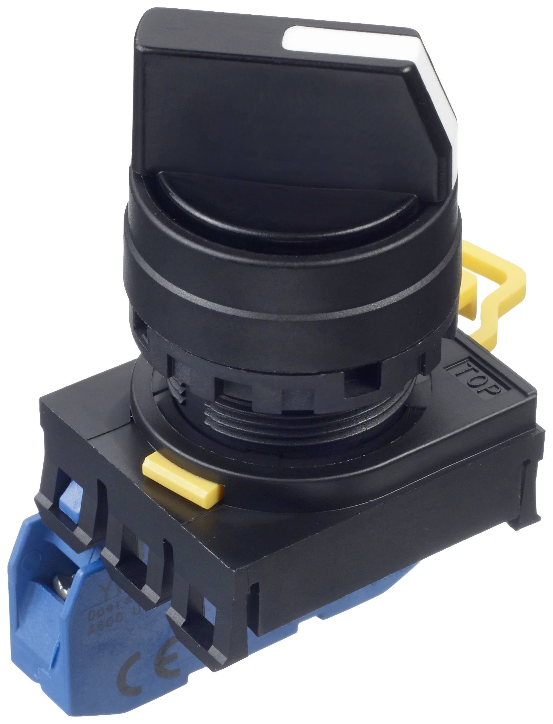 Black rotary switch with yellow lever, marked with 'TOP'. Suitable for industrial applications for device control.
