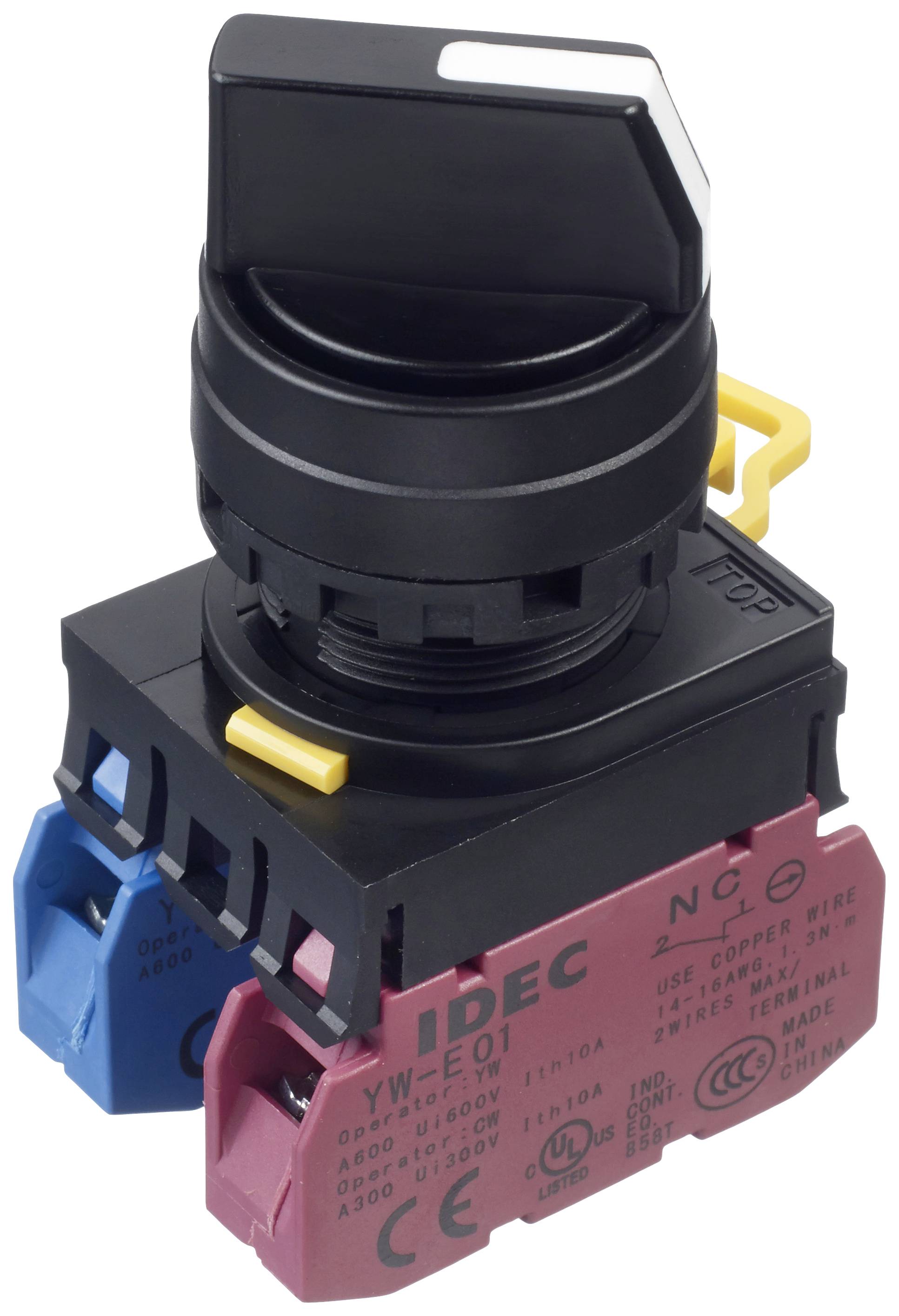 Black rotary switch by IDEC with red and blue connection module, used for electrical control applications.