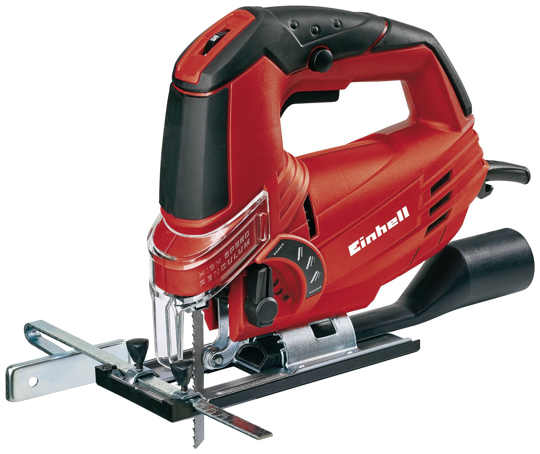 Electric jigsaw in red with a black handle and Einhell logo. Square cutting angle and transparent guard on the saw blade guide.