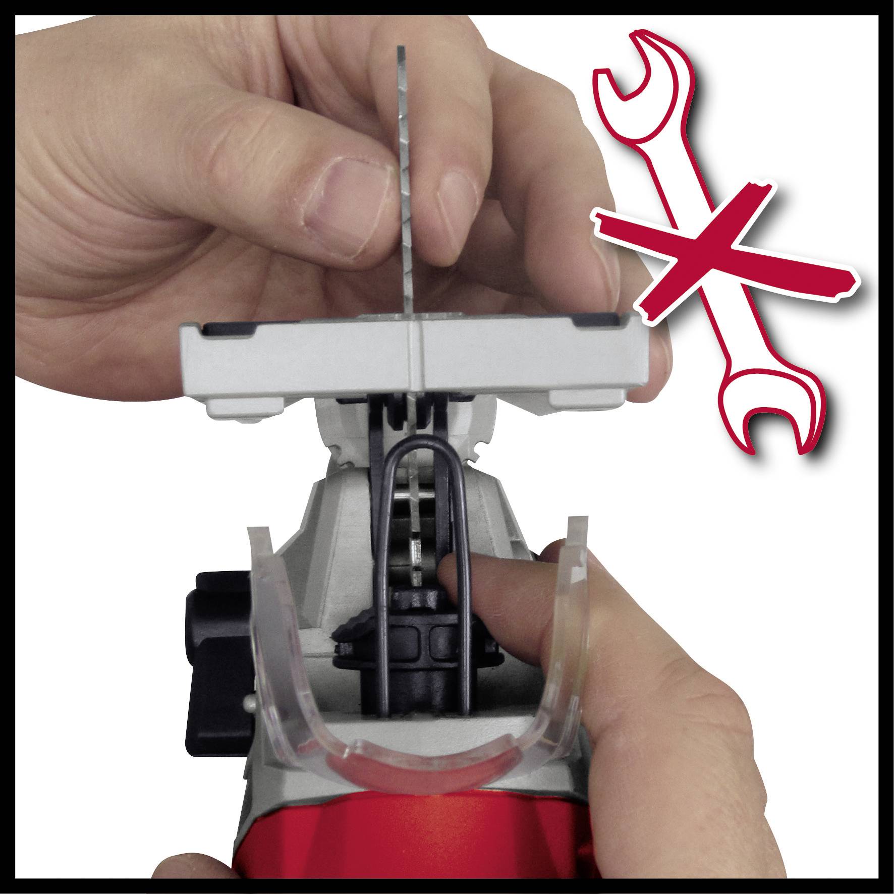 A hand is holding a device with a small saw blade. A red symbol shows a crossed-out spanner.