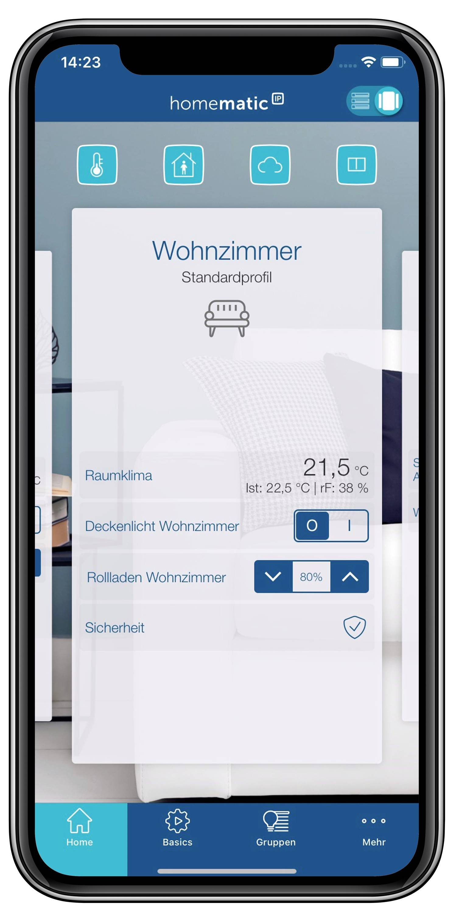 Screenshot of a smart home control app interface. Shows living room climate with temperature and humidity readings.