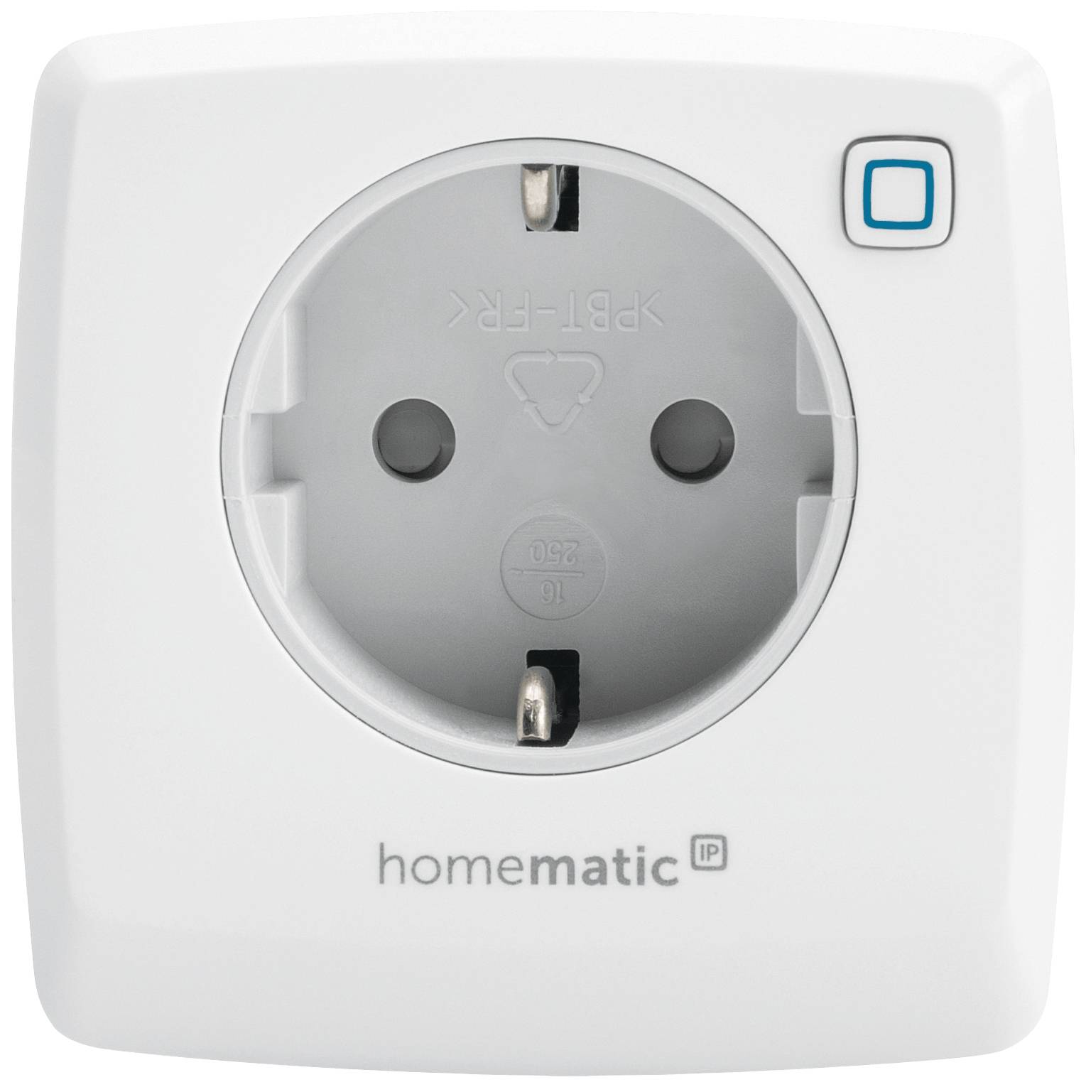 White smart plug socket with a blue button and 'homematic IP' label. Used for remote control and monitoring of devices.