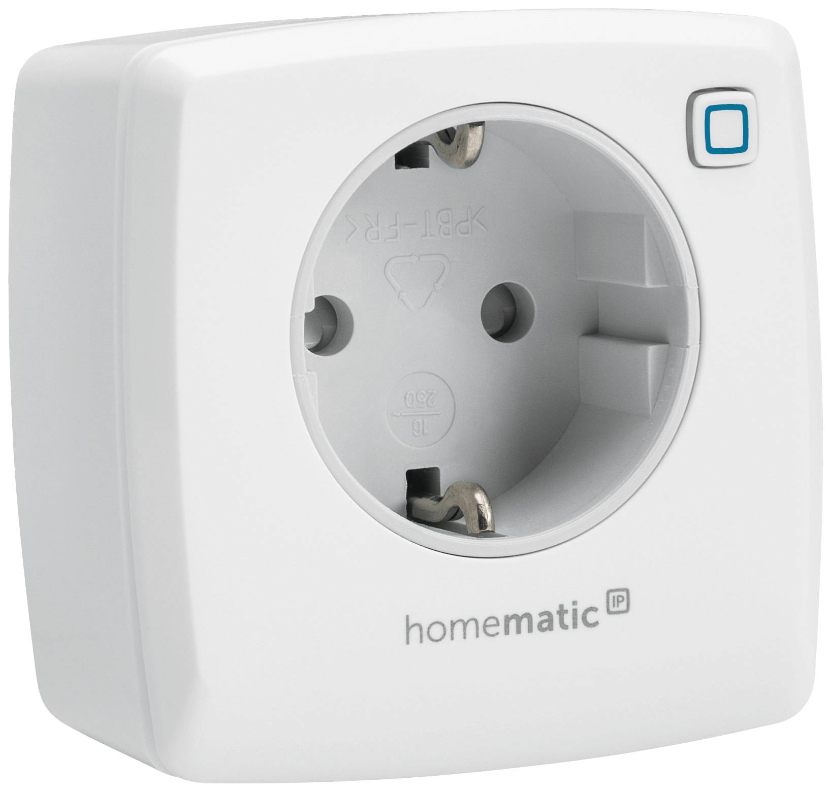 White intelligent plug socket from Homematic IP with blue button and earthing contact, suitable for smart control of electrical devices.