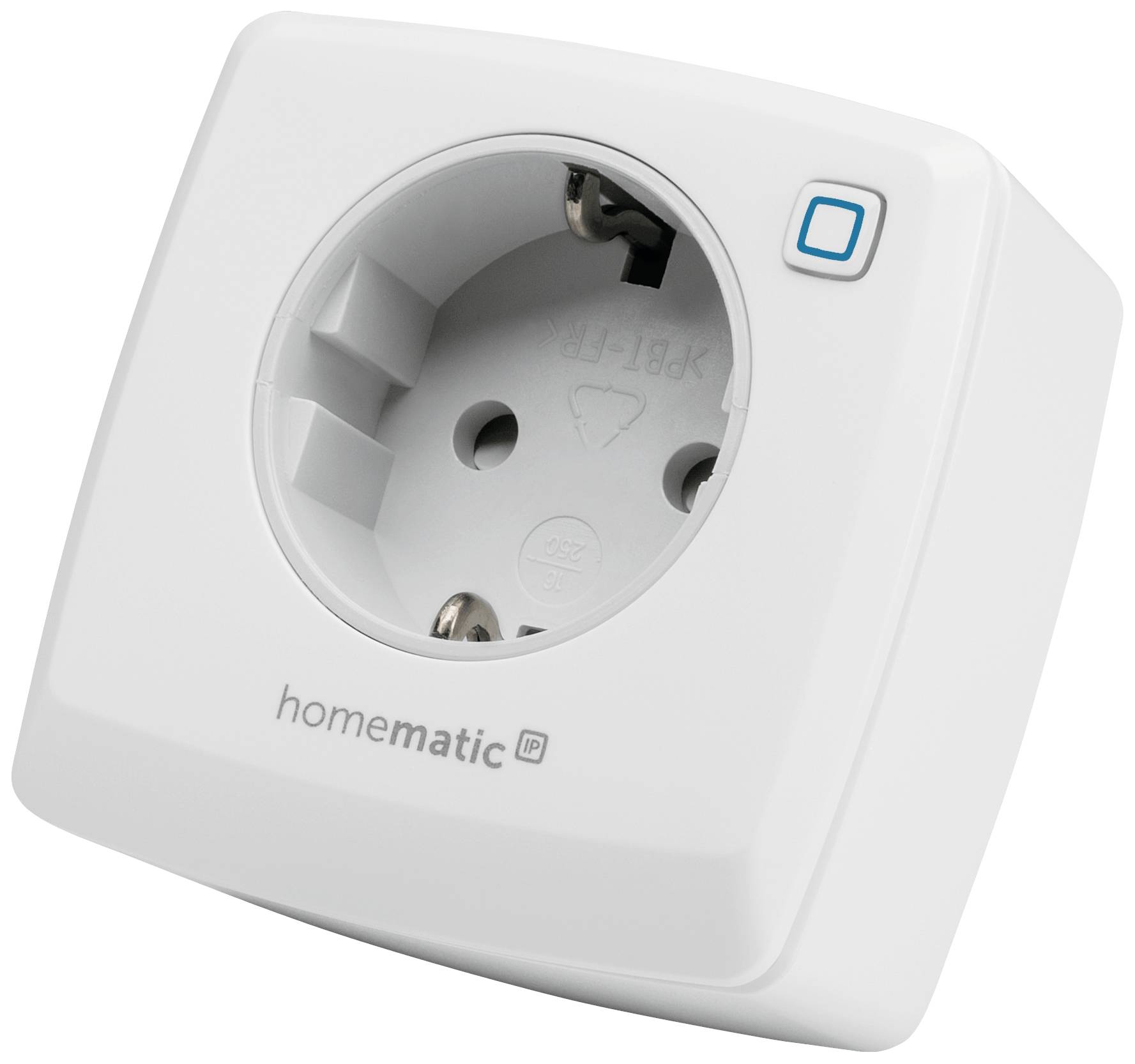 A white Homematic IP intermediate plug with one socket and a small blue button on the top right, photographed at a slight angle.