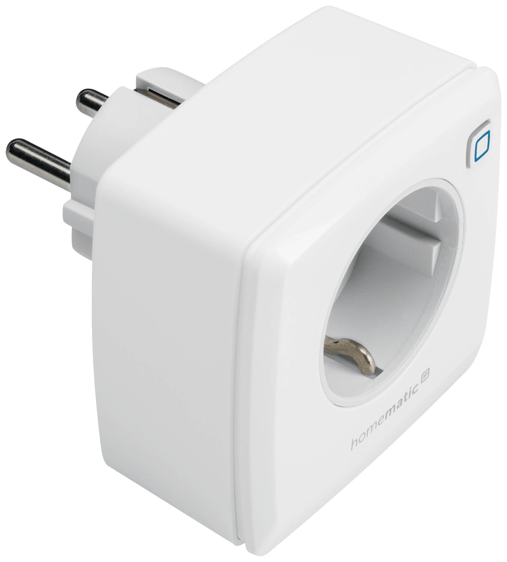 A white, rectangular smart home plug adapter with two socket connections and a blue button.