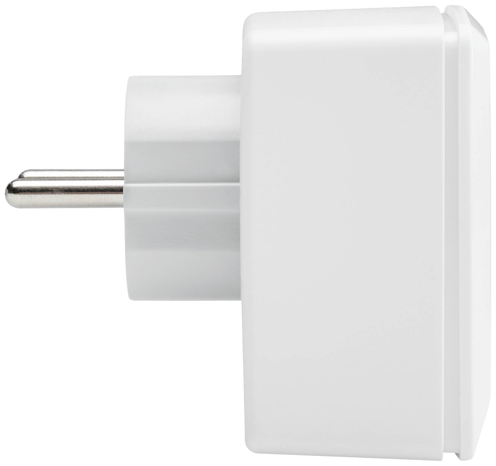 A white plug adapter viewed from the side, showing the plug and the casing.