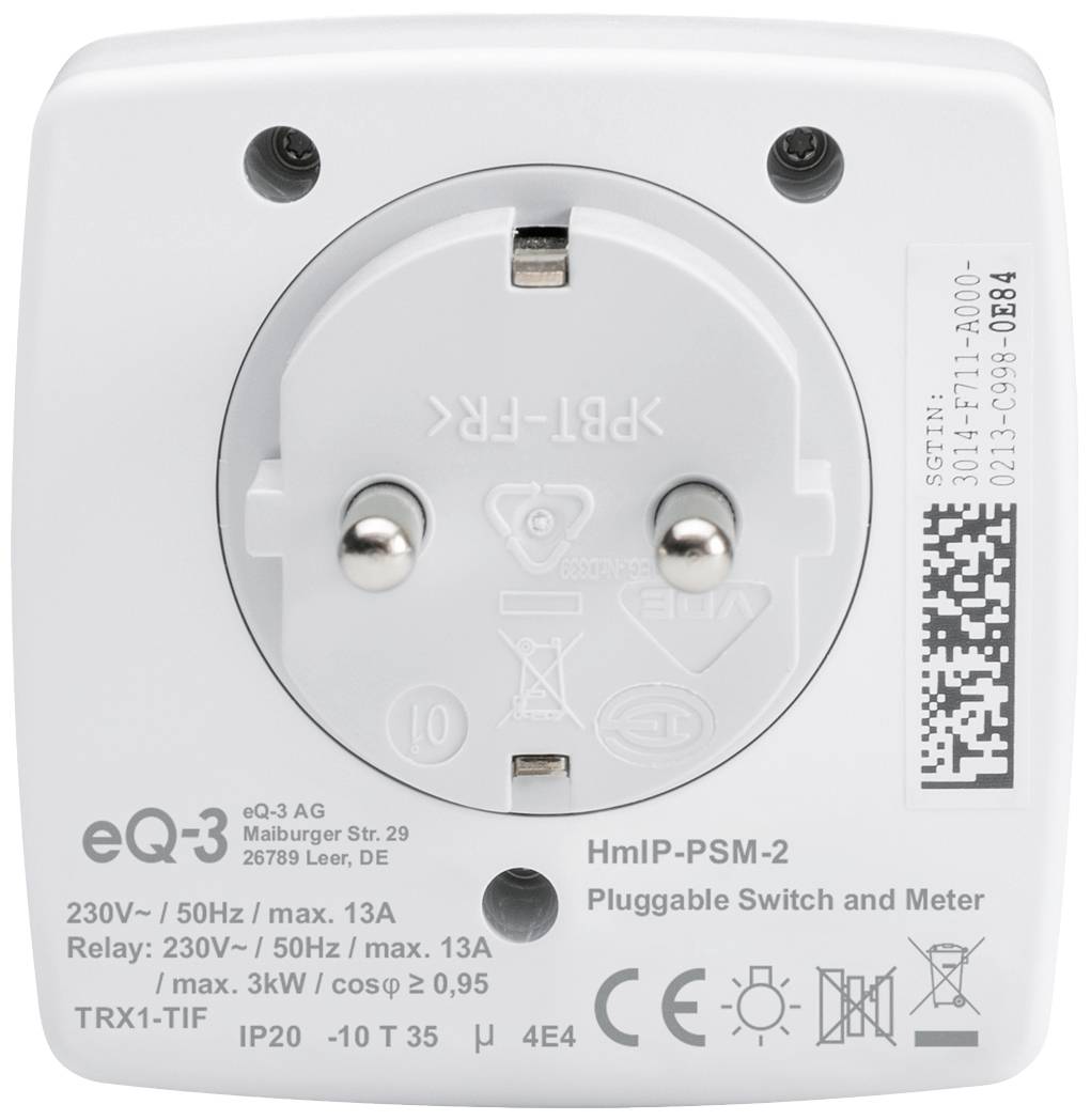A white, square socket adapter with a socket in the centre, brand and model details, and QR code on the front face.