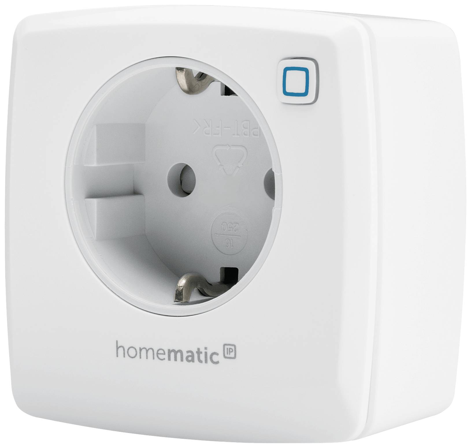 Socket in a smart adapter by 'Homematic IP', white housing with a square design and a small blue button in the top right corner.