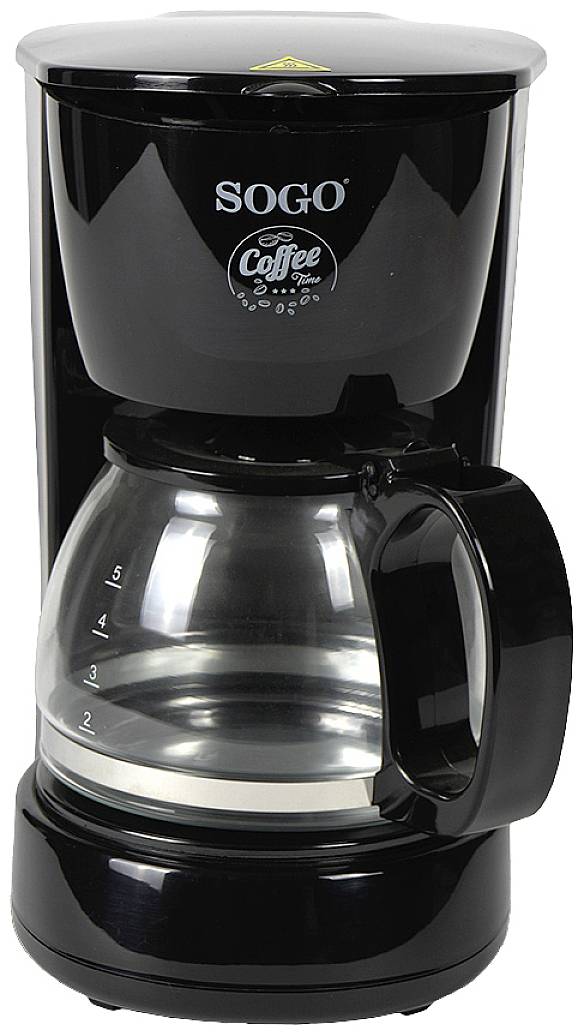 Black coffee machine with glass carafe, capacity of 5 cups, 'Sogo' brand on the front.