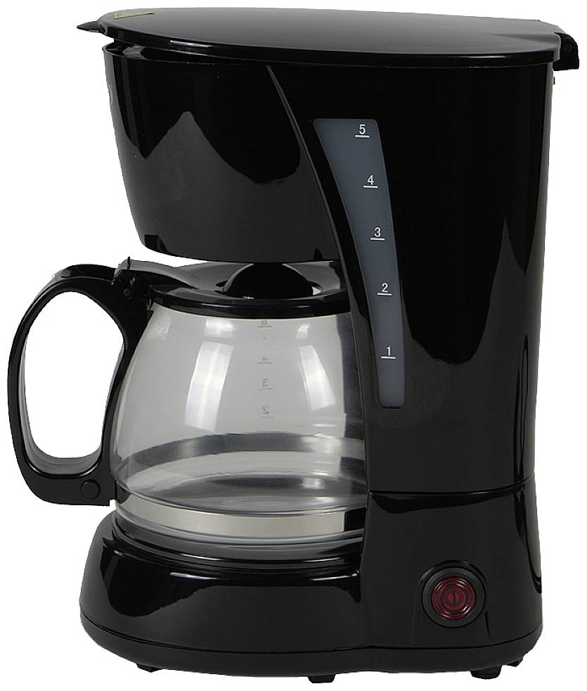 Black coffee machine with glass carafe, water level indicator on the side and red on/off switch at the bottom.