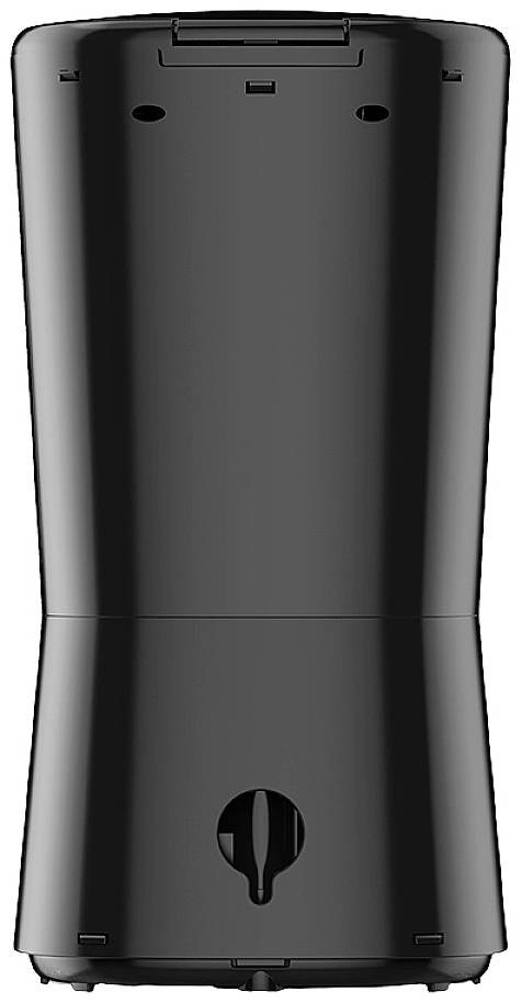 Black automatic hand sanitiser dispenser, cylindrical in shape, with a sensor on top and a liquid level indicator on the front.