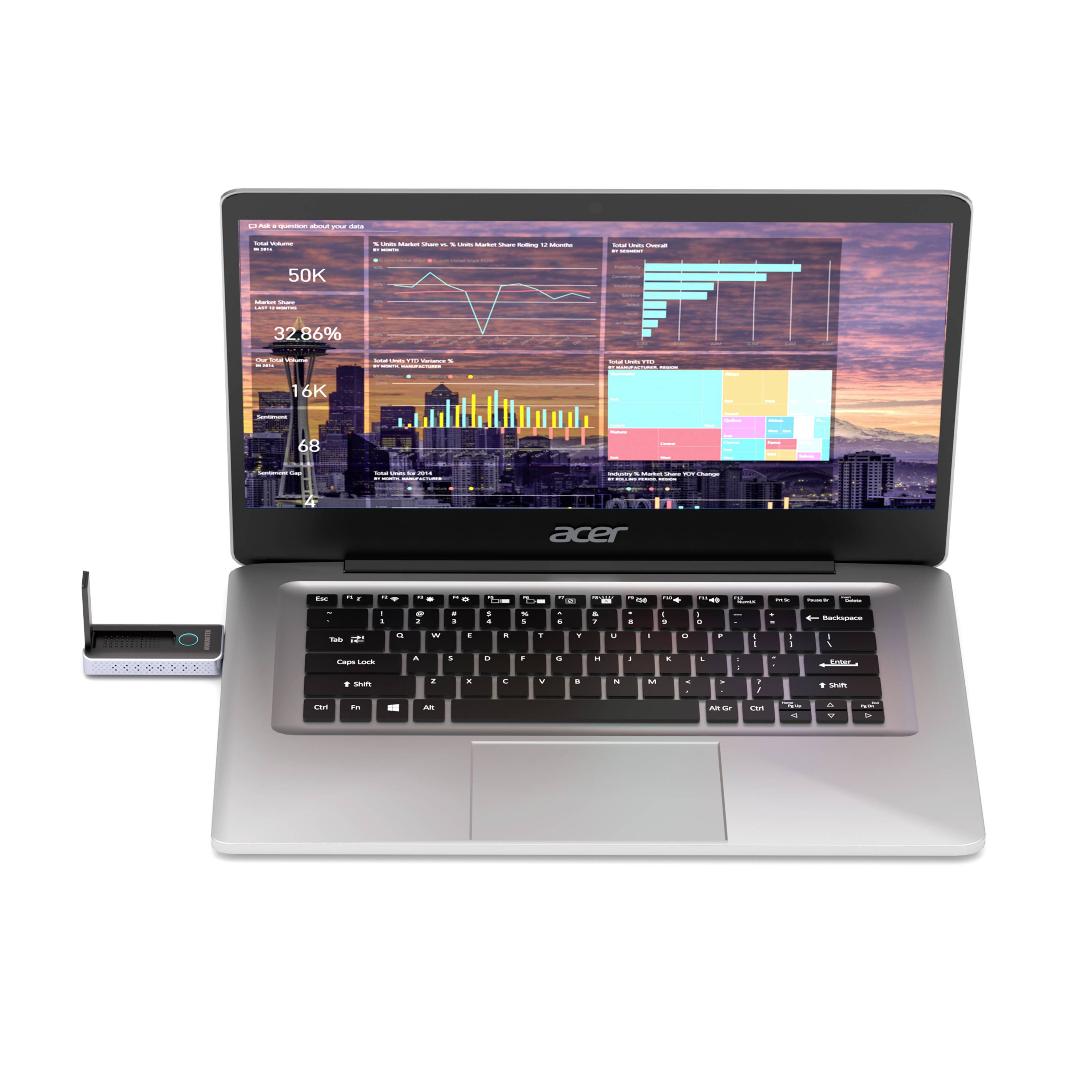 A laptop displays various diagrams and statistics on its screen, including bar and line graphs, against a cityscape background. A USB device is positioned in front of the laptop.