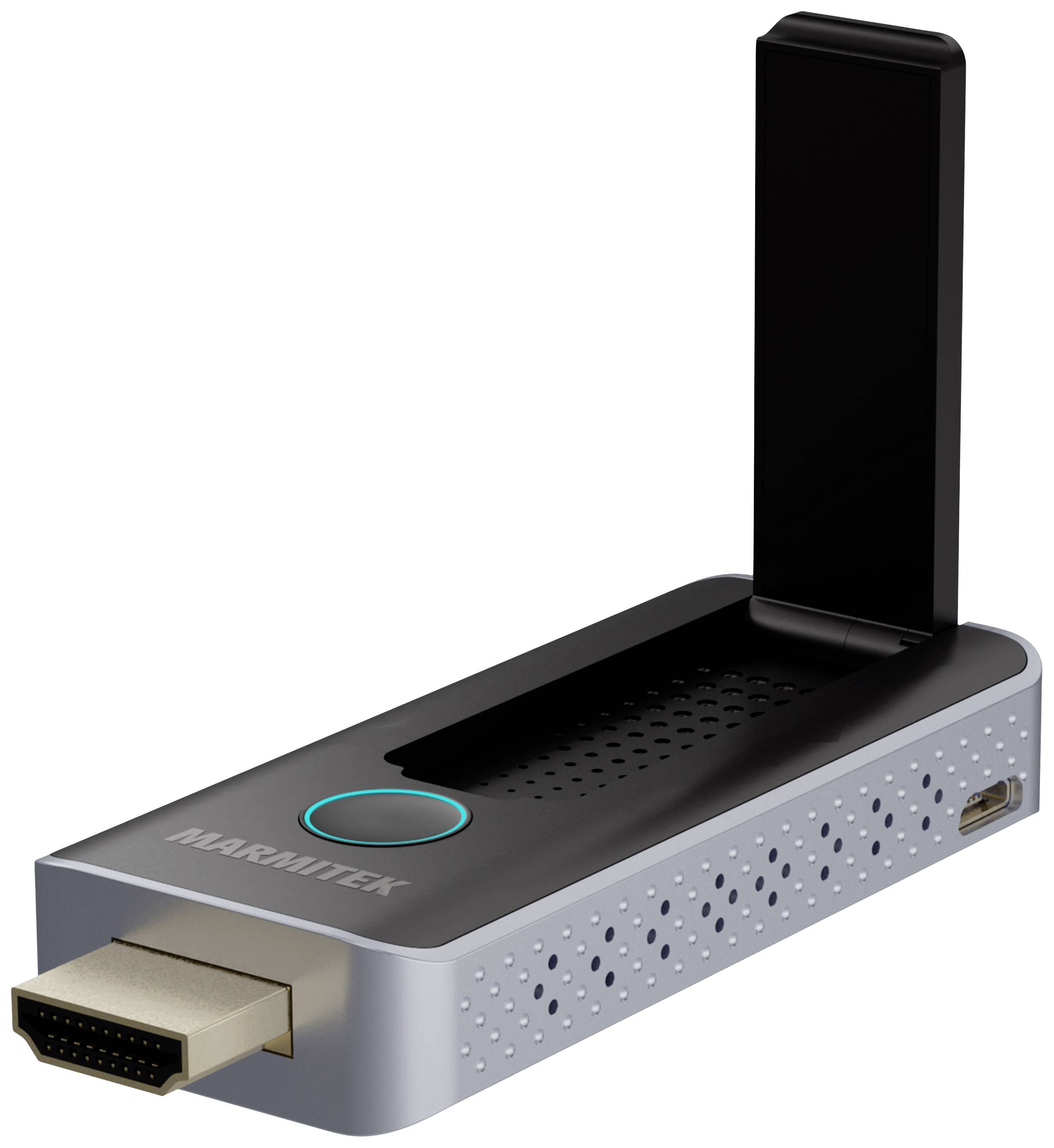 An HDMI device with a rectangular housing and an upright antenna section. It is designed with an HDMI connection and is intended for wireless connections.