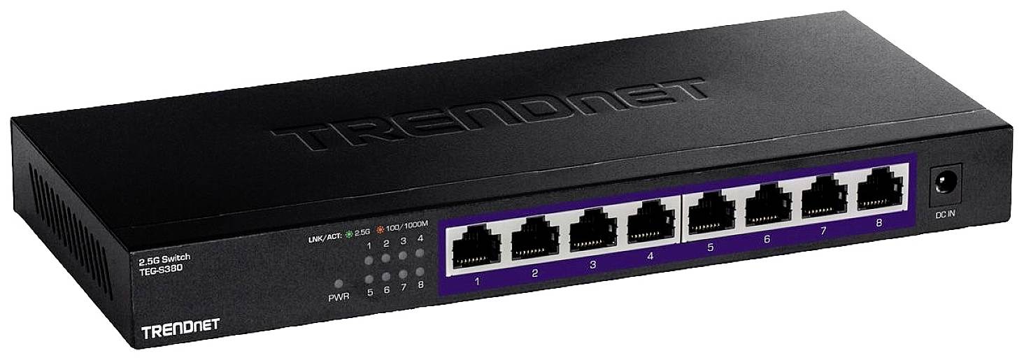 A black TRENDnet network switch with eight Ethernet ports, named 'TEG-S80G', shows the ports and LED indicators at the front.