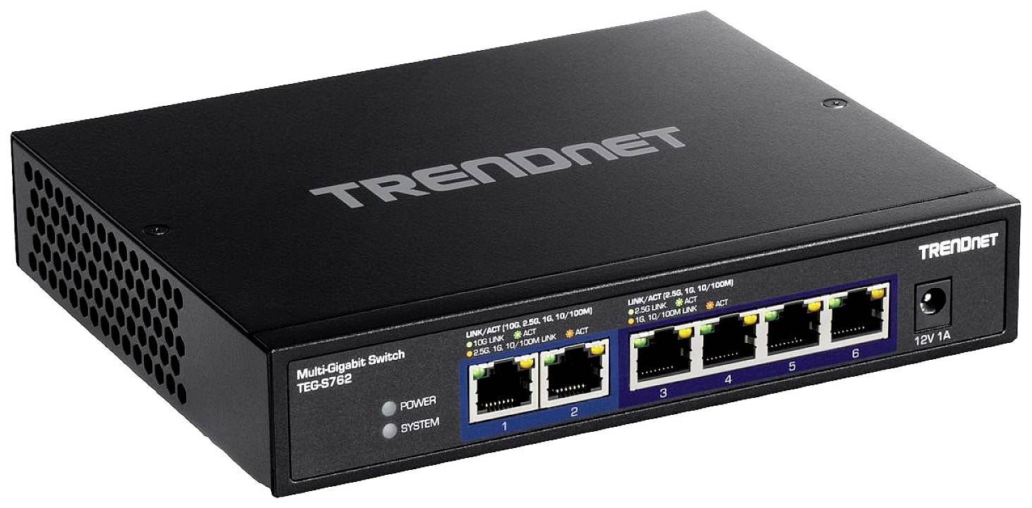 A black network switch from TRENDnet with five Ethernet ports, model TEG-S762, on a white background surface.