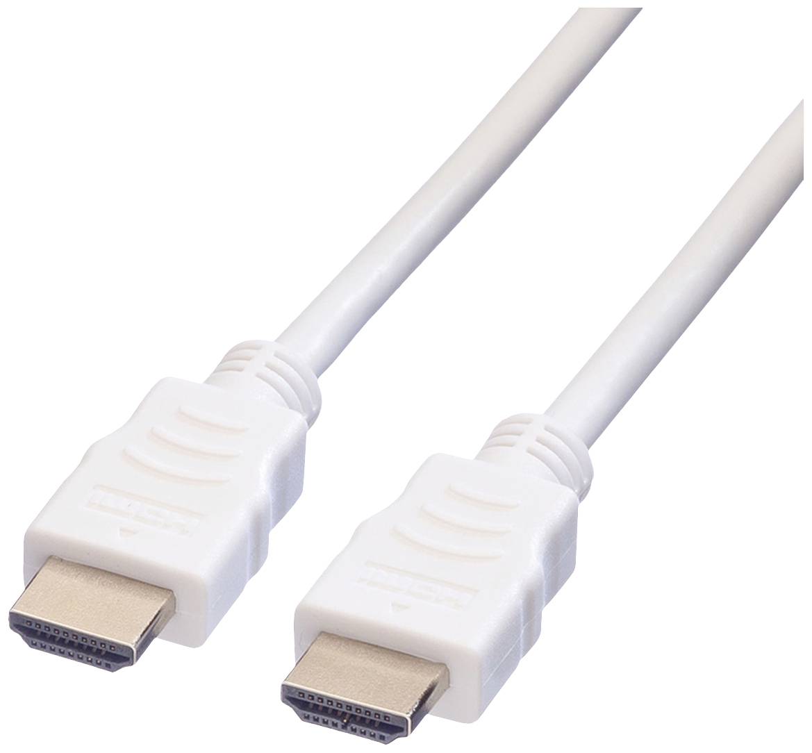Two white HDMI cables with connectors used for connecting devices for high-definition video and audio transmission.