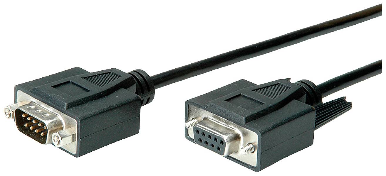 A black cable with two RS-232 connectors. On the left, a male 9-pin DB9 plug, on the right, a female DB9 socket.