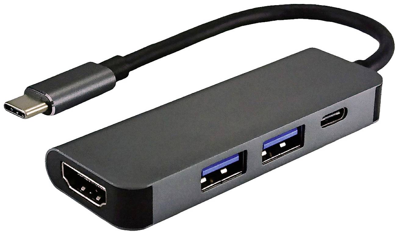 A USB-C hub with connections for HDMI, two USB-A ports and an additional USB-C port. Suitable for connecting external devices.