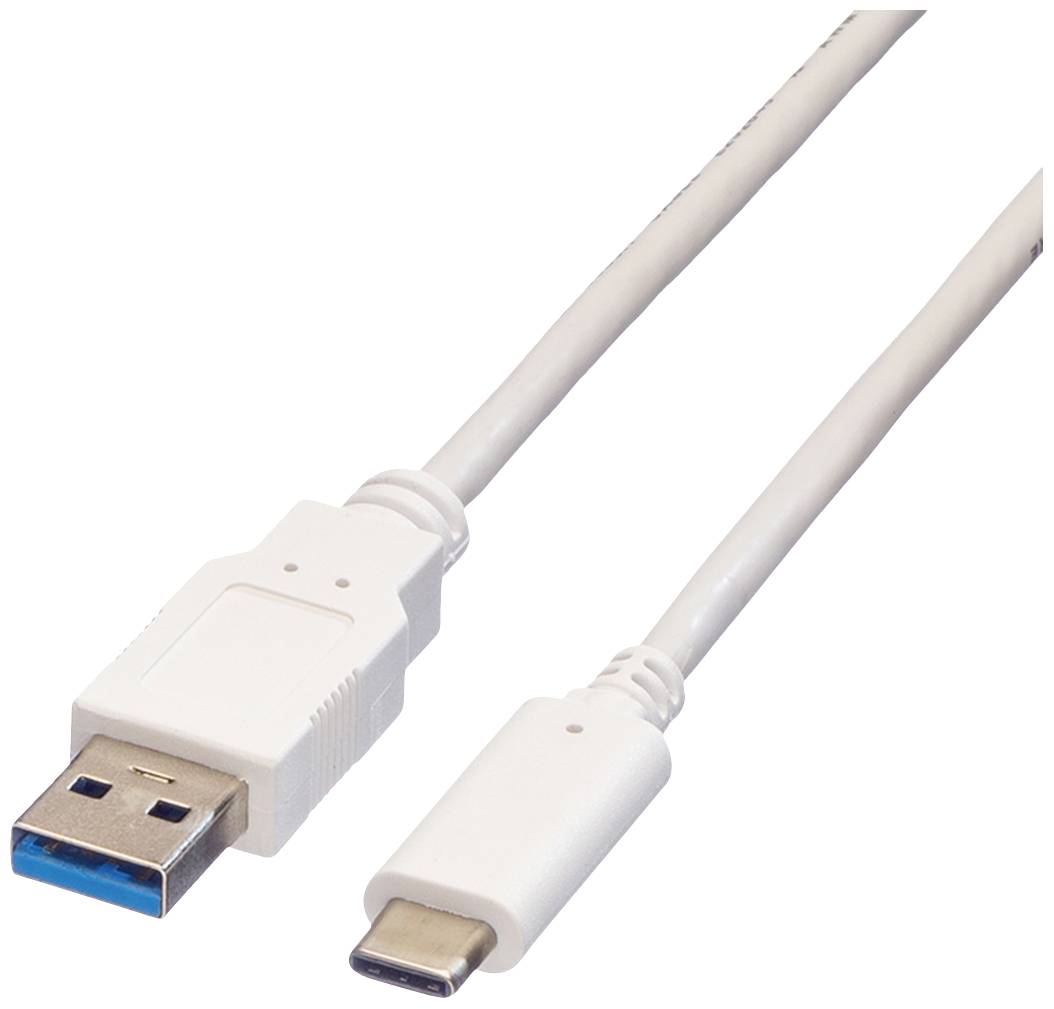 A white cable with a USB-A plug on one side and a USB-C plug on the other.