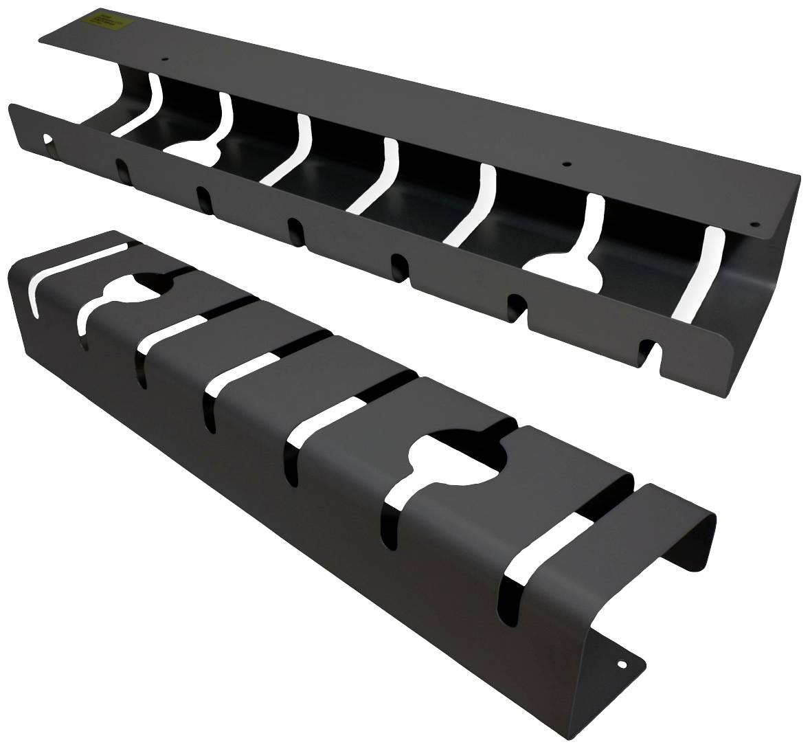 Two black cable management clips with rounded loops, designed to organise cables on a wall or rack.