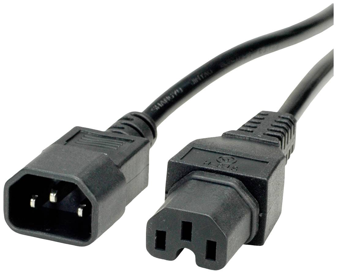 Black network cable with an IEC C13 plug and an IEC C14 socket, commonly used for connecting computers and monitors.