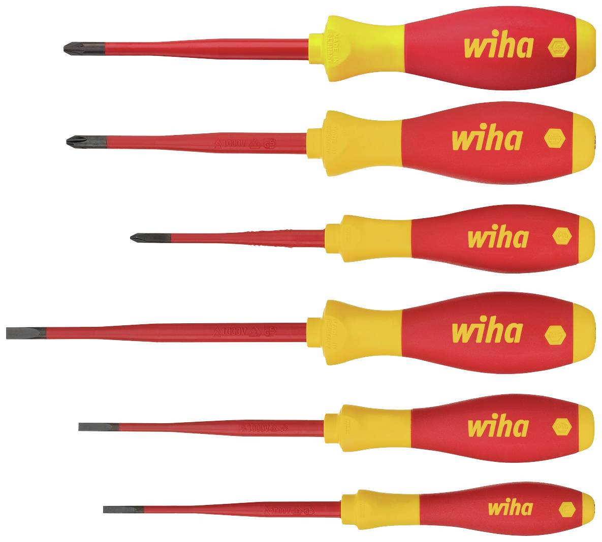 Six screwdrivers with red and yellow handles, all bearing the 'wiha' inscription. The heads vary in size and shape.