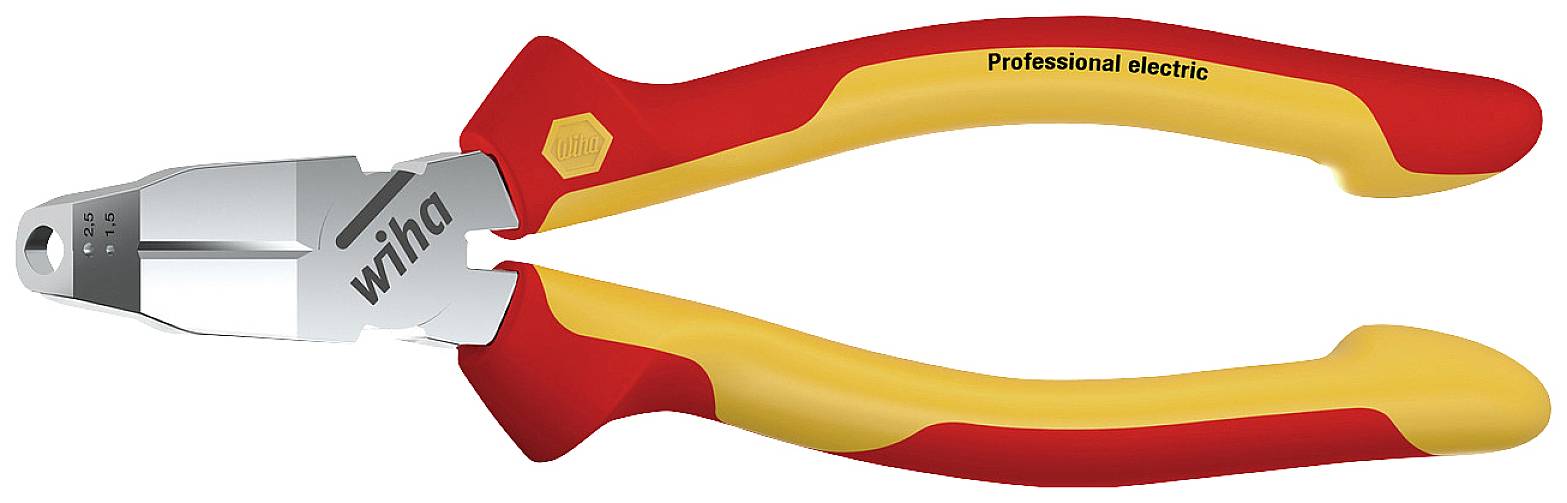 A standalone combination pliers with red and yellow handles, with 'Professional electric' written on them. 'Wiha' marking on the pliers.