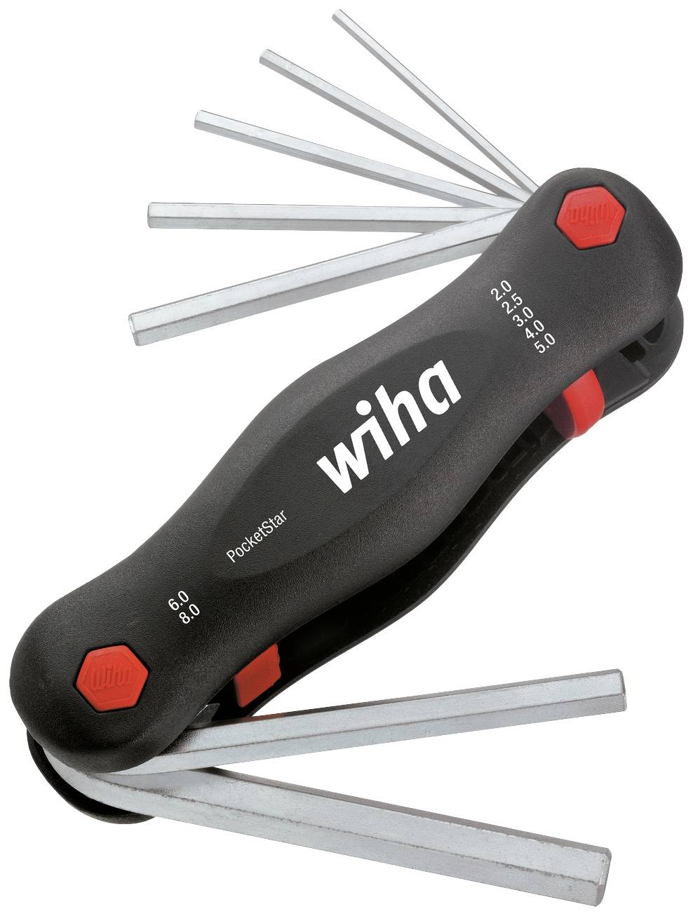 'Wiha Pocketstar' multi-purpose tool with several foldout metal bits in various sizes, black handle with red accents.