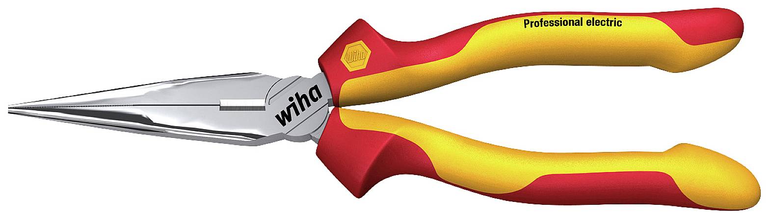 A pair of pliers with red and yellow handles, labelled with 'wiha' and 'Professional electric', suitable for electrical work.