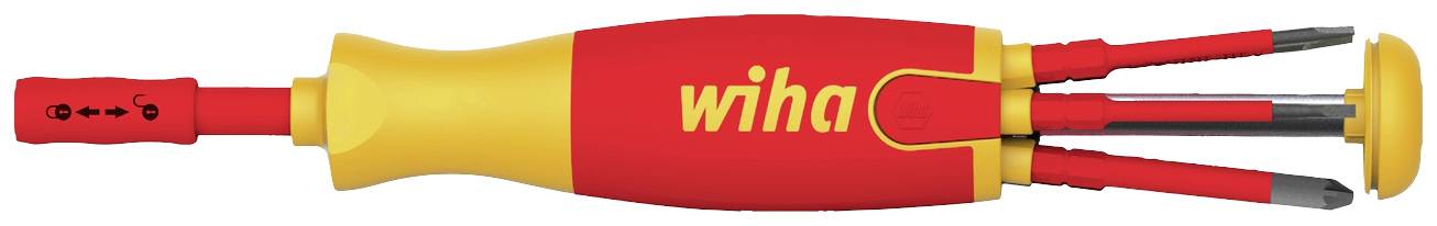 A screwdriver with an integrated bit holder in the handle, coloured orange-red, brand 'wiha', shows the storage compartment for bits.