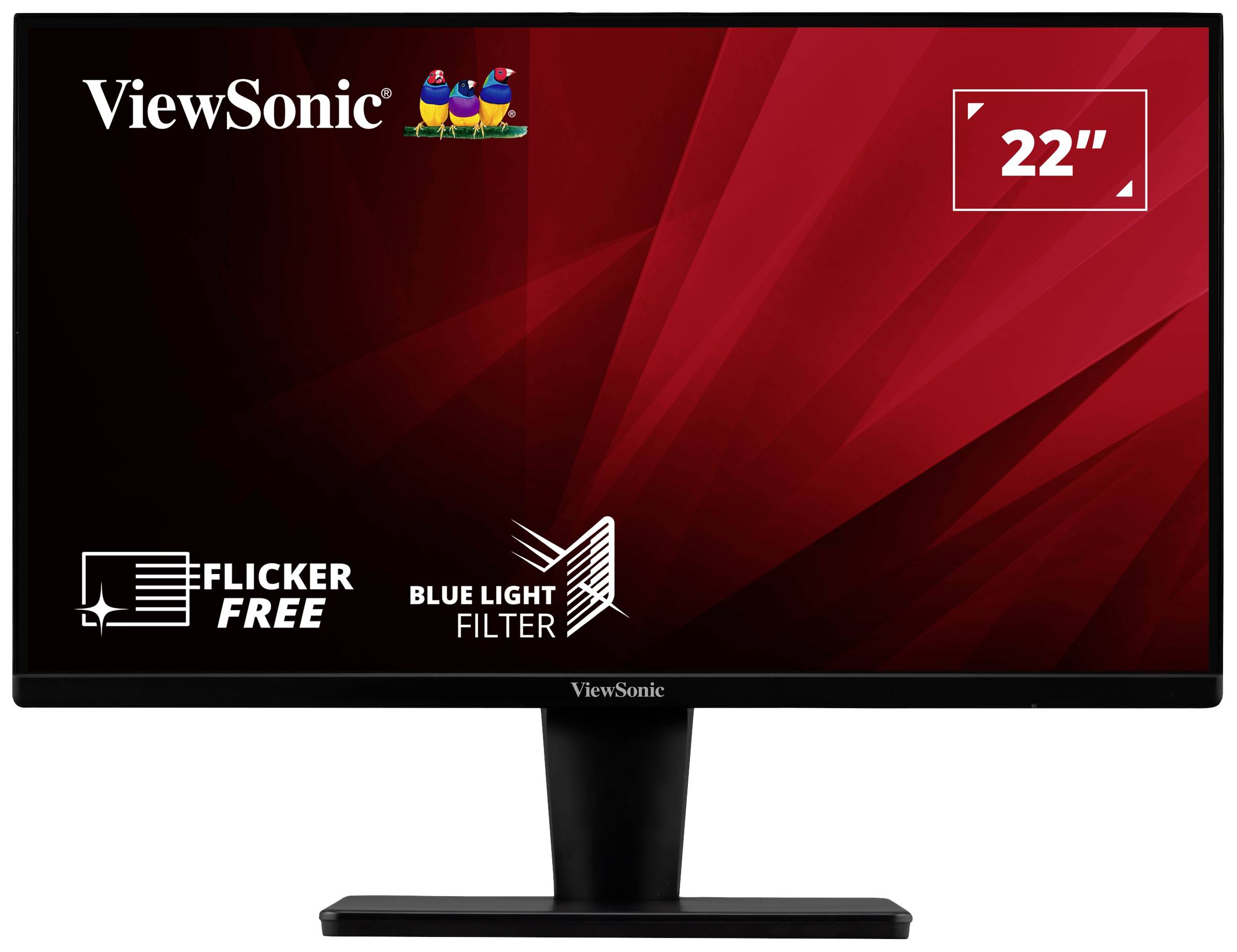 A 22-inch ViewSonic monitor with 'Flicker Free' and 'Blue Light Filter' technologies against a red background.