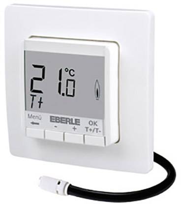 A digital wall thermostat displays 21 degrees Celsius. It has buttons for Menu and OK, along with a heating setting symbol.