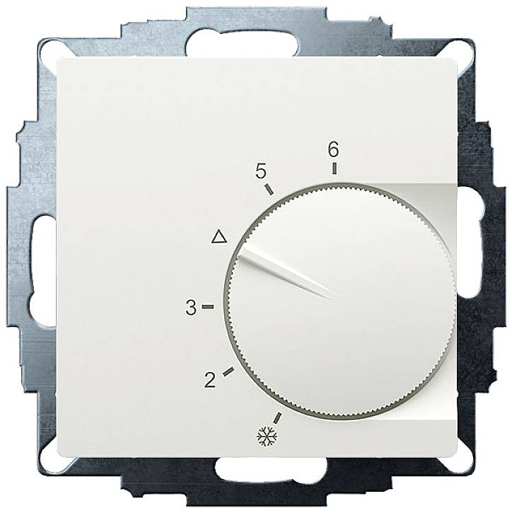 A white rotary dial on a metal plate, with a scale from 1 to 6 and a snowflake symbol at the bottom. Used for adjusting the temperature.