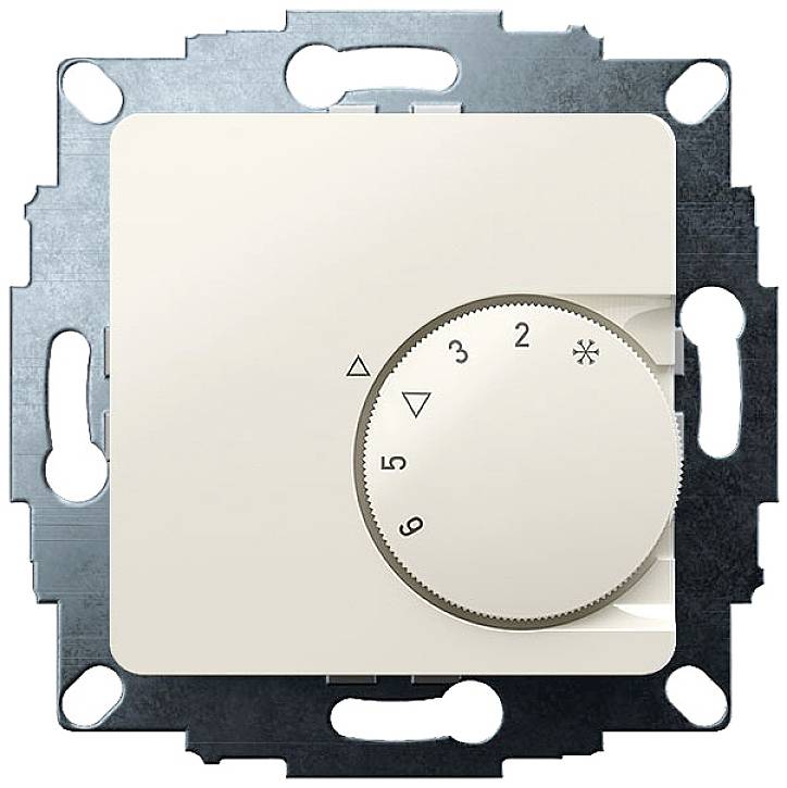 A white thermostat with a rotary dial showing settings from 1 to 6. A snowflake symbol indicates the cooling function.