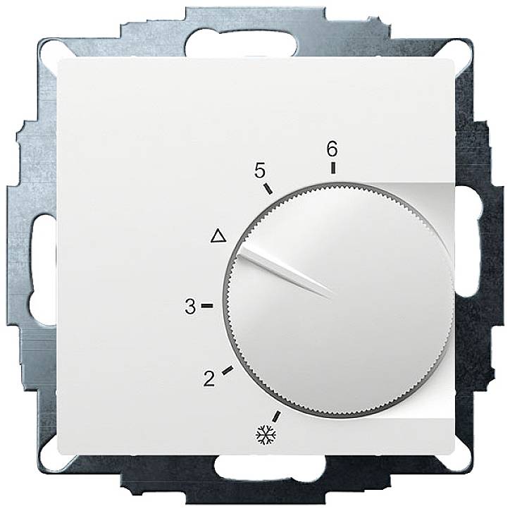Thermostat with a round rotary dial, set to 5, surrounding numbers from 1 to 6, cooling symbol at the bottom.