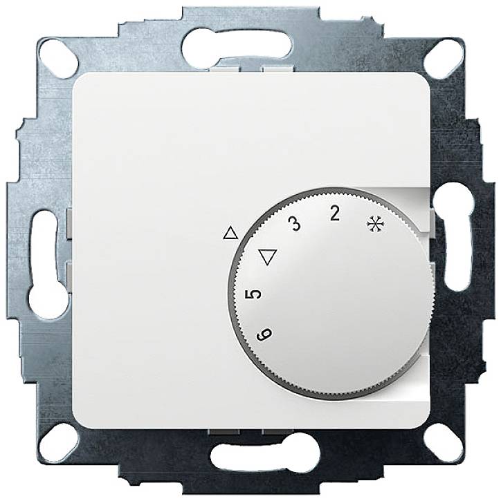 A thermostat control in close-up, showing a scale from 1 to 5 with symbols for higher temperature, lower temperature, and frost protection.
