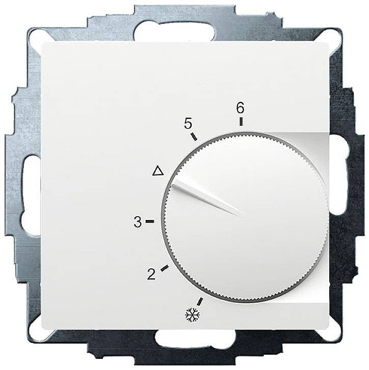 White heating control with rotary dial. Levels marked from 1 to 6, arrow pointing to level 4. Frost protection symbol and numbers are visible.