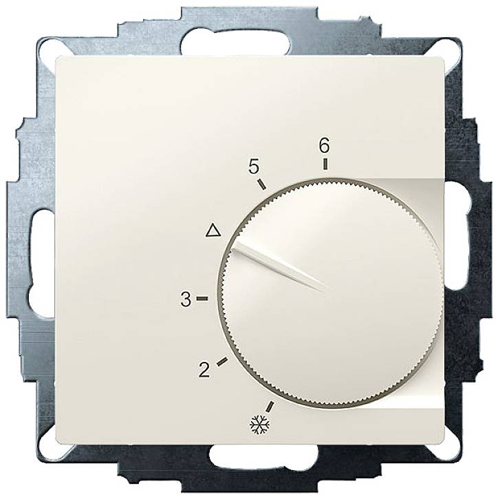 A white rotary temperature control dial on a wall. Scale from 1 to 6, set at level 4. Heating and cooling symbols present.