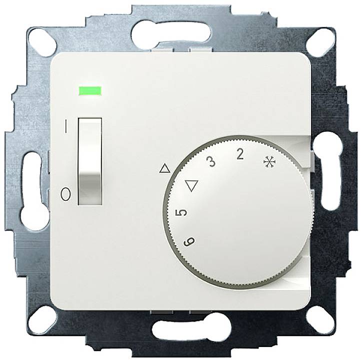 A white heating thermostat with a rotary dial, scale from '1' to '6', and a sliding switch with a green light on a metallic mounting bracket.