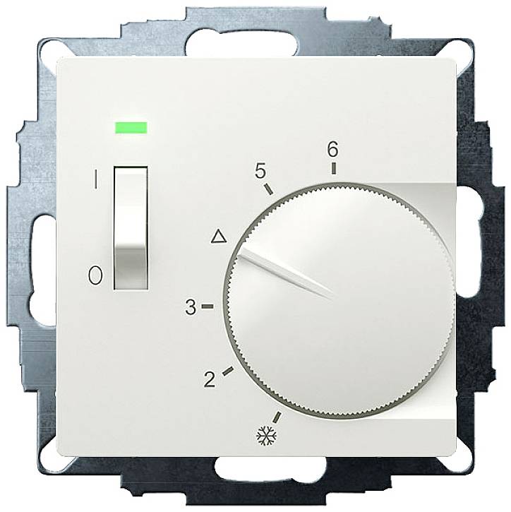 A temperature controller with a rotary knob, scale from 0 to 6, toggle switch and green indicator light, mounted in a wall bracket.