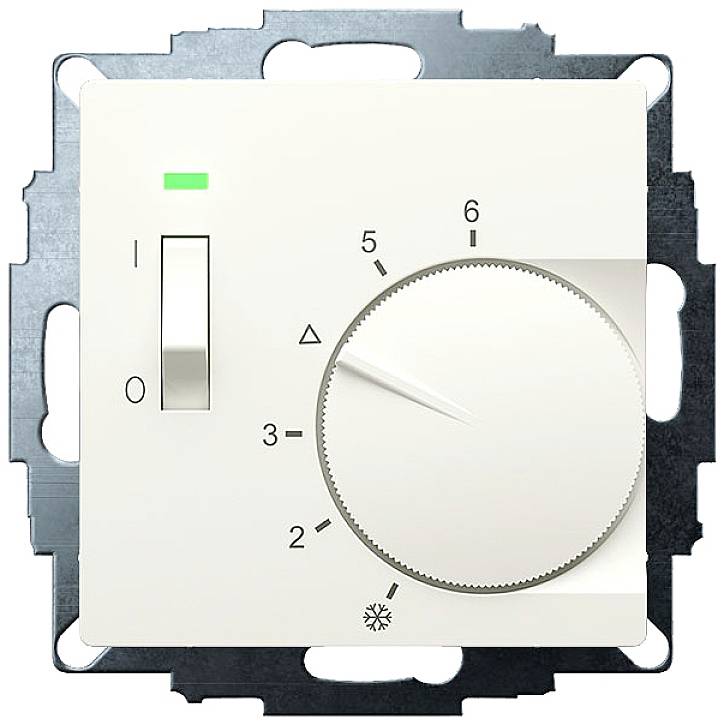 A white rotary temperature control knob, with a scale from 0 to 6 and indicator light; mounted on a metal base.