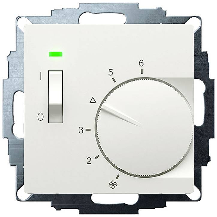 A white thermostat with a rotary dial set to level 4, and a sliding switch for on/off. A green LED indicates activity.