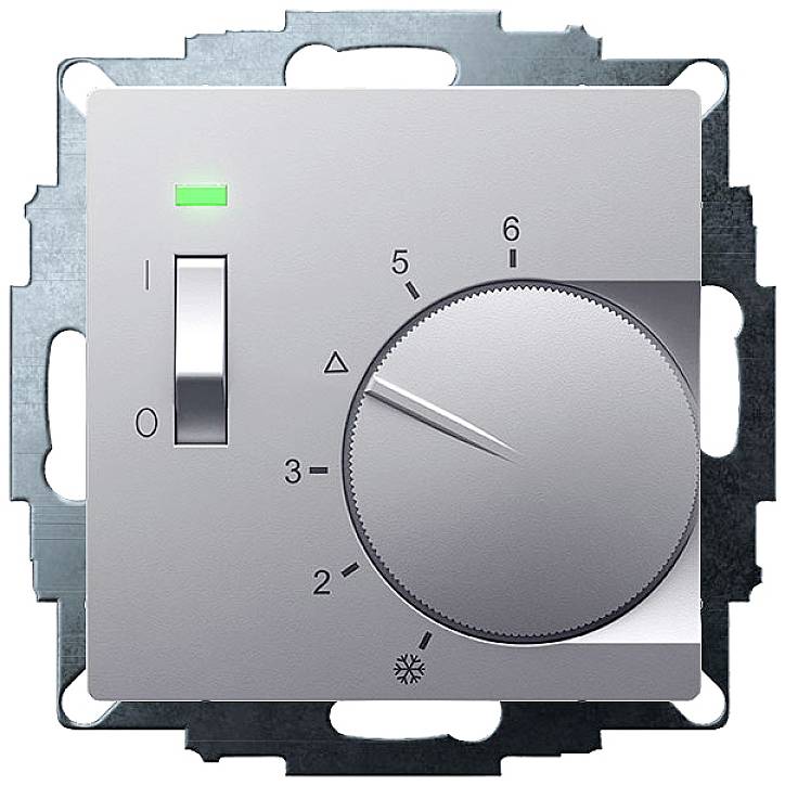 Rotary dial thermostat, set to level 6, with green LED indicator light, mounted on metal plate.